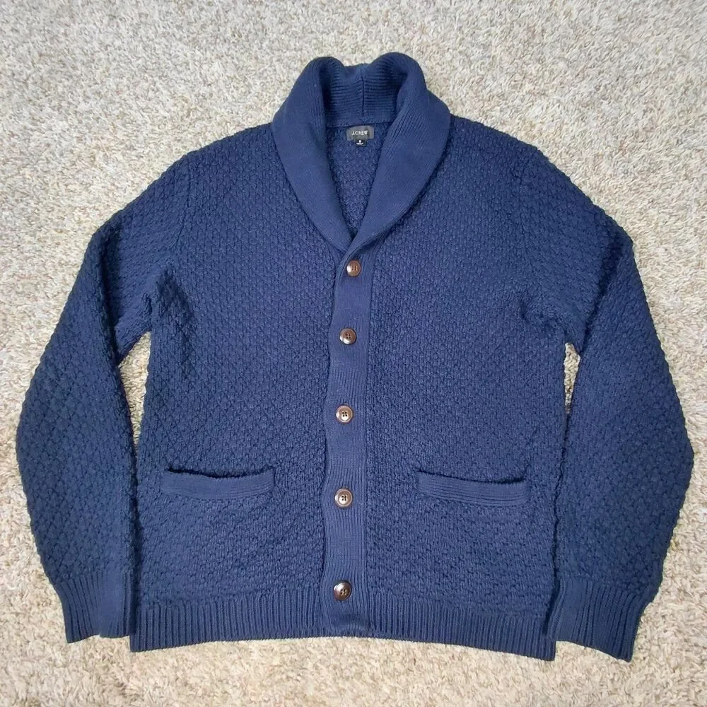 J. Crew Classic Shawl Collar Chunky Knit Cardigan Sweater Mens Small Navy Cotton